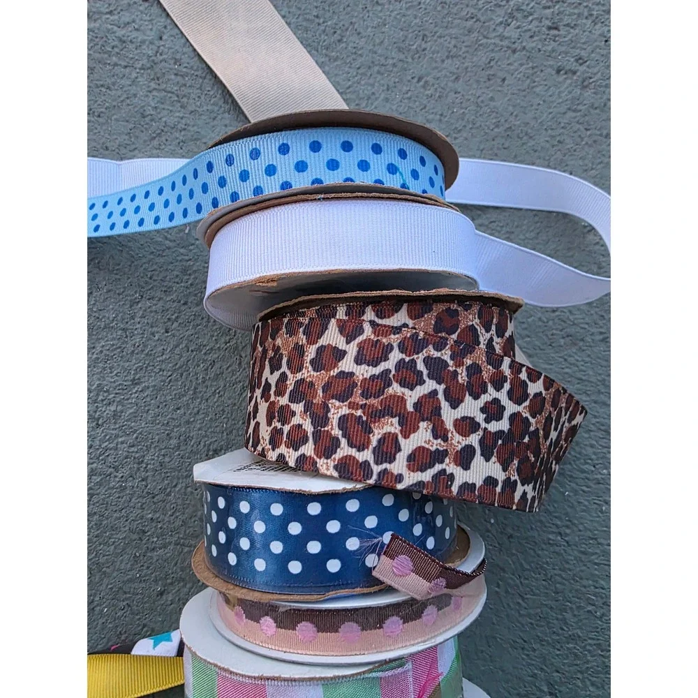 Offray Ribbon Lot 9‎ Spools Leopard Polka Dot Gingham Stars Grosgrain Wired A5